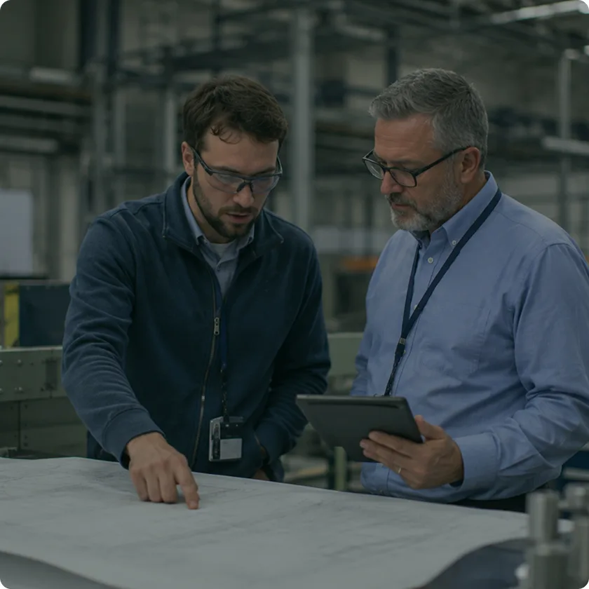 Engineers reviewing plans on a production floor